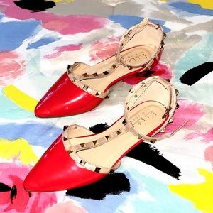Nicole Miller New York | Ashley Studded Red Patent Leather | Ankle T Strap Flats